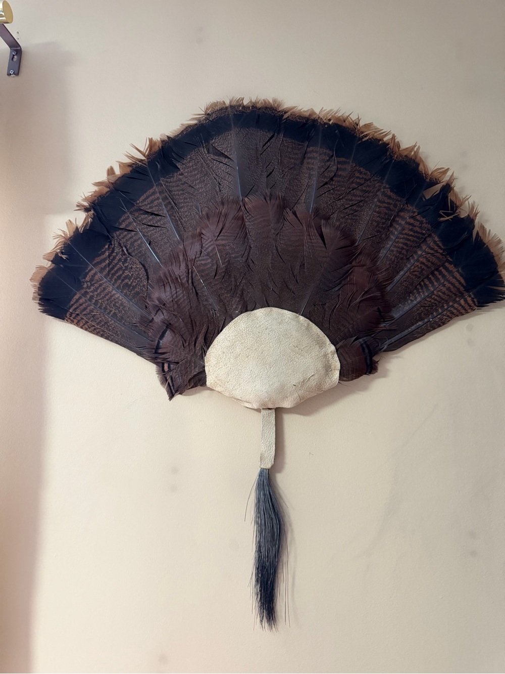 Vintage 1995 Handmade Leather Wrapped Wild Turkey Tail Fan Mount Decor